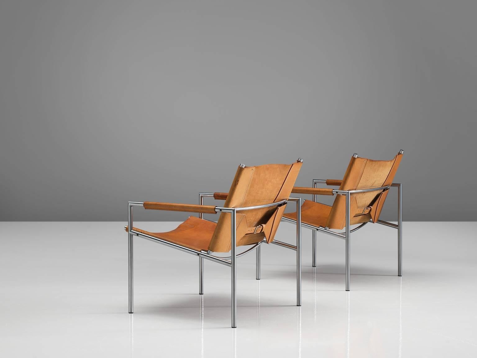 Dutch Martin Visser Easy Chairs in Steel and Cognac Leather for 't Spectrum