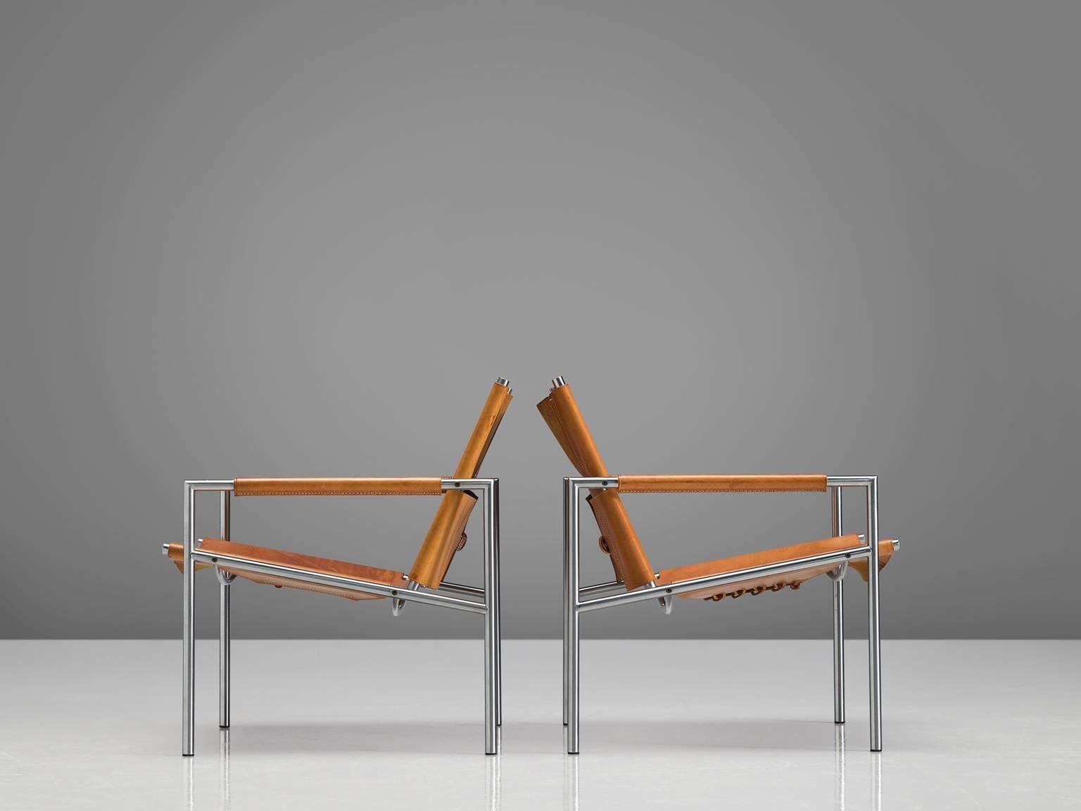 Brushed Martin Visser Easy Chairs in Steel and Cognac Leather for 't Spectrum