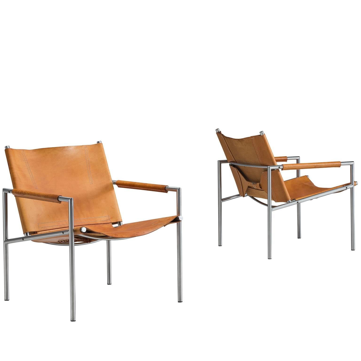 Martin Visser Easy Chairs in Steel and Cognac Leather for 't Spectrum