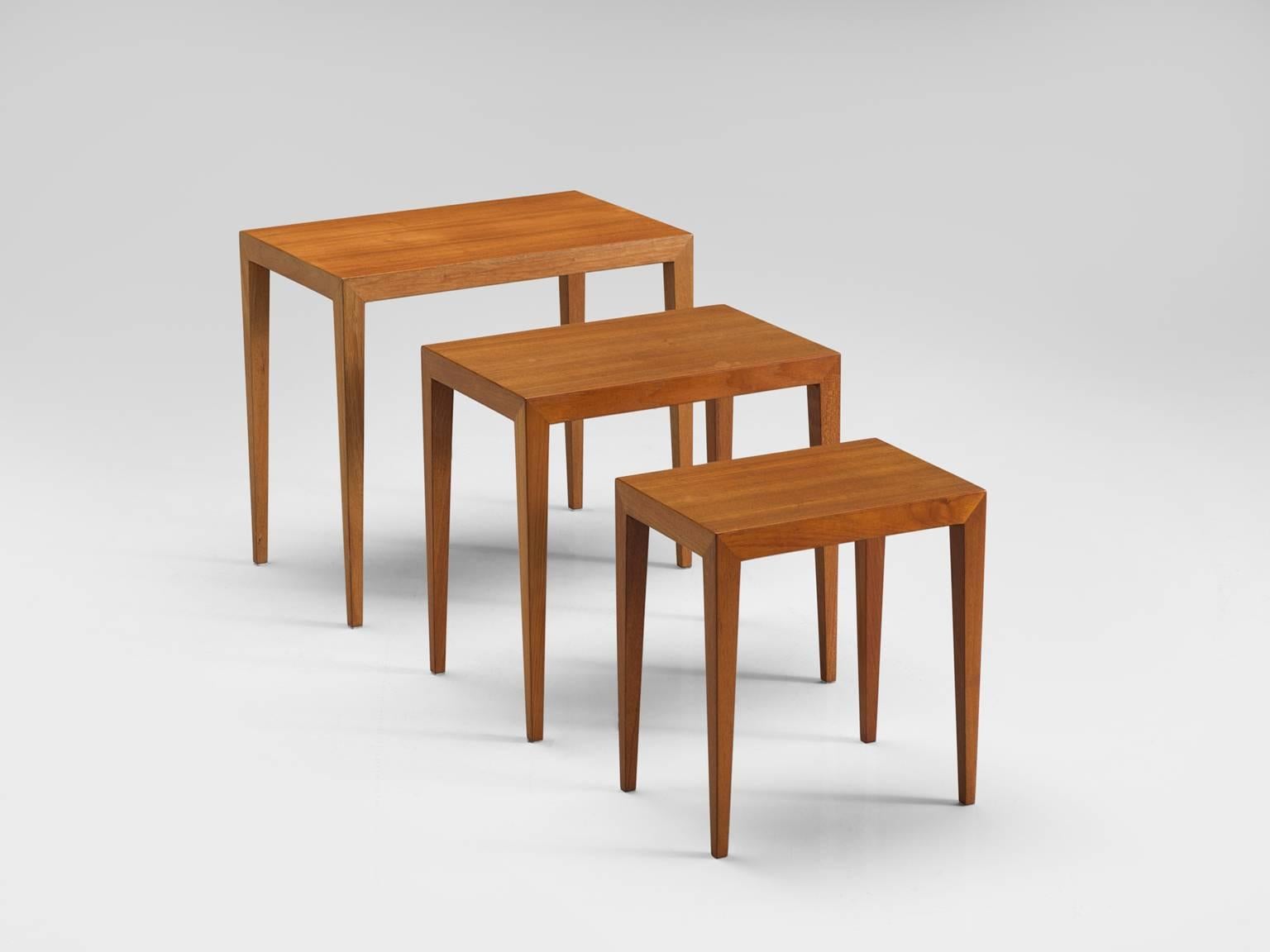 Severin Hansen, nesting tables 'model C-38-6', teak, Denmark, 1950s

These clean, modest and simple nesting tables feature rectangular tops with tapering legs. Very Danish, both in their aesthetics as in their construction. Well-constructed,