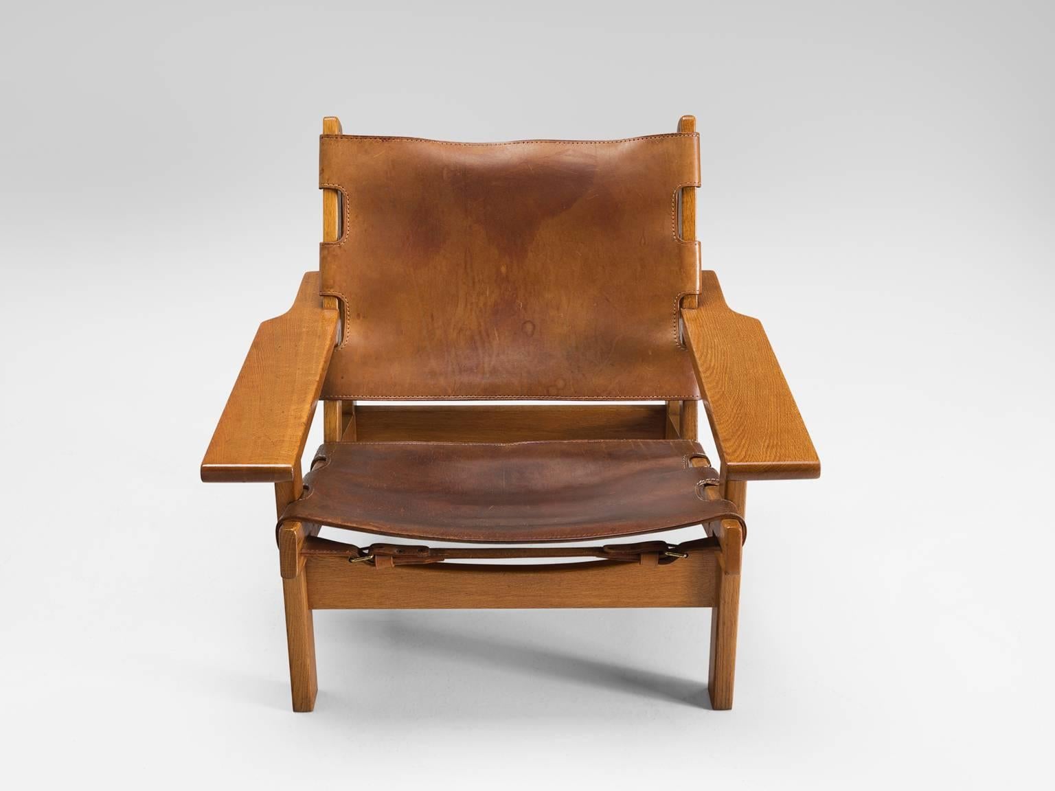 Erling Jessen Cognac Leather and Oak Lounge Chair In Good Condition In Waalwijk, NL