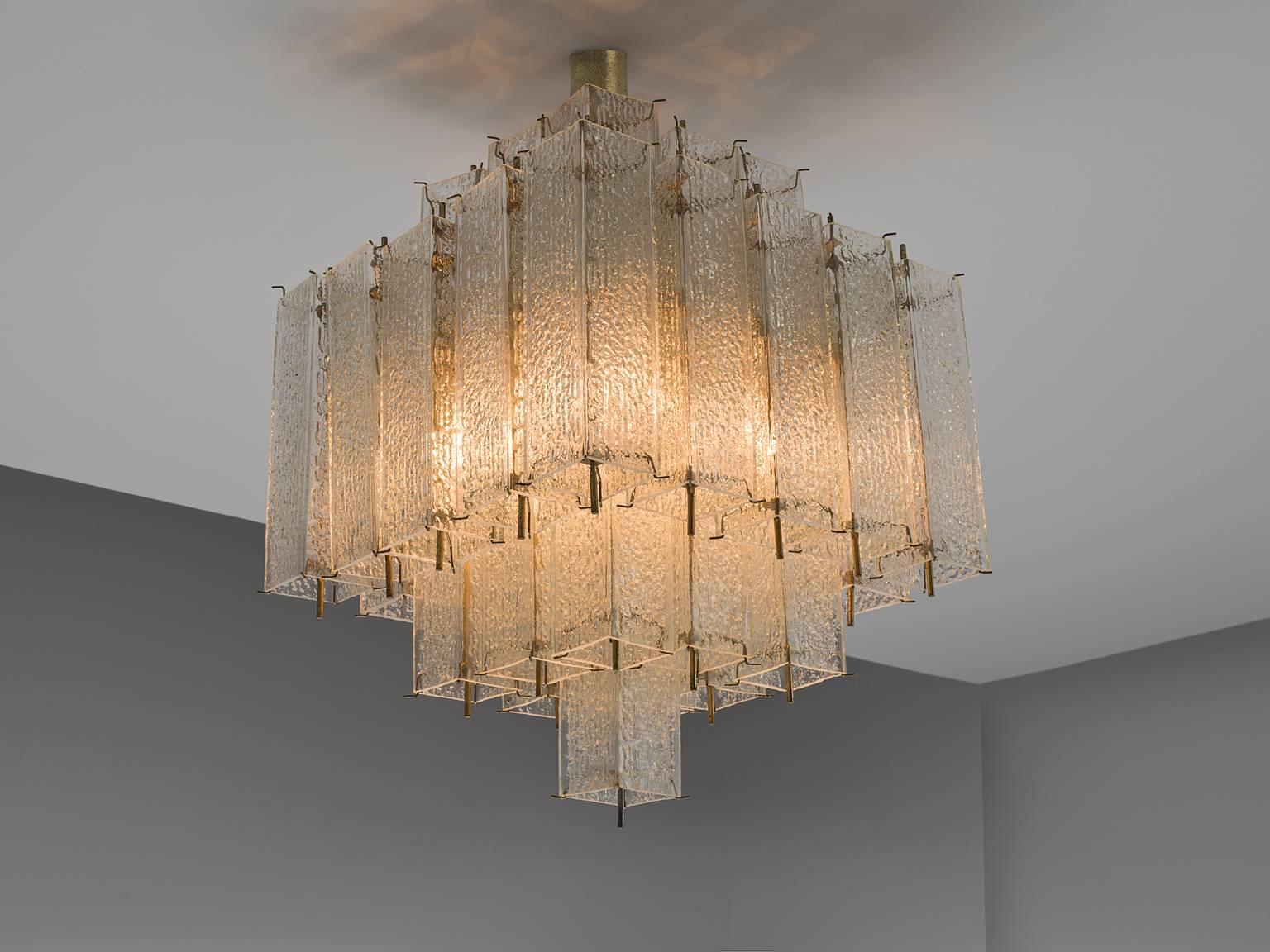 Mid-Century Modern Set of Three Layered Brass and Structured Glass Chandeliers
