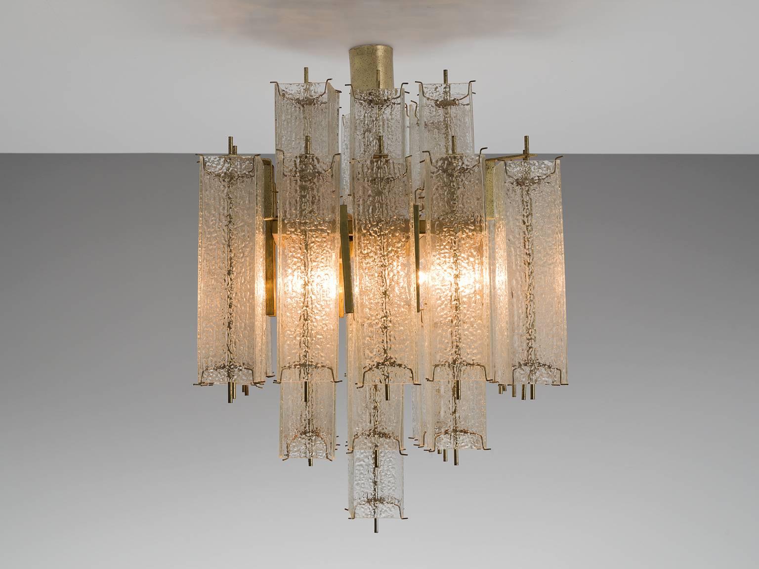 European Set of Three Layered Brass and Structured Glass Chandeliers