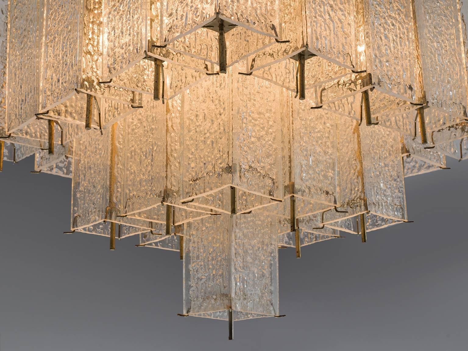 Set of Three Layered Brass and Structured Glass Chandeliers In Good Condition In Waalwijk, NL