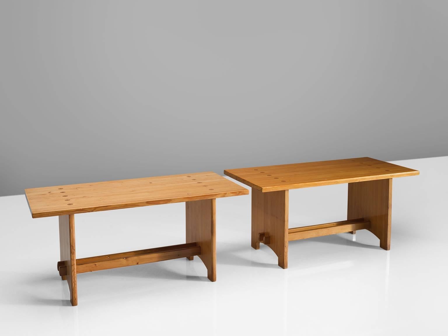 Jacob Kielland-Brandt, dining tables, solid pine, Denmark, 1960s.

This remarkable set of tables holds a strong expression and this organic shaped design is in well contrast with the solid high tapered legs which provides an open elegant look. We