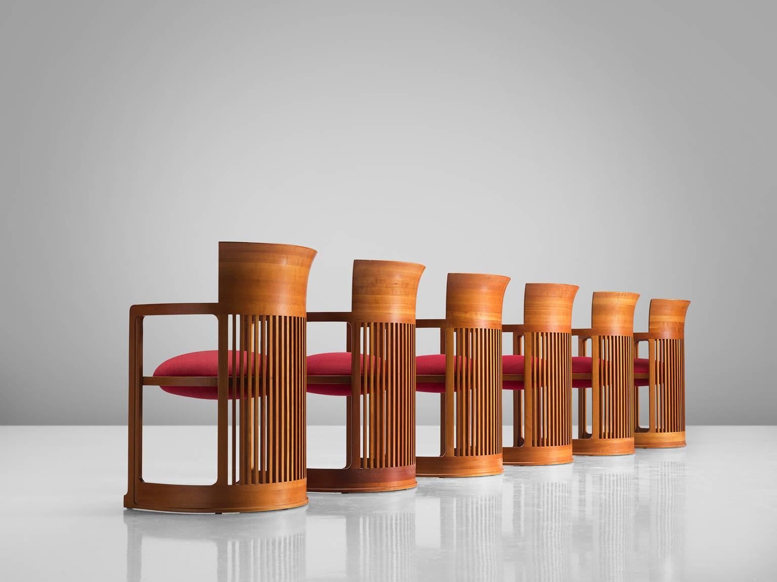Frank Lloyd Wright for Cassina, six 'barrel' chairs, cherry, red fabric, design 1937, production 1989, United States,

This set of architectural chairs is designed by Frank Lloyd Wright and produced by Cassina. The chairs have a barrel shape and
