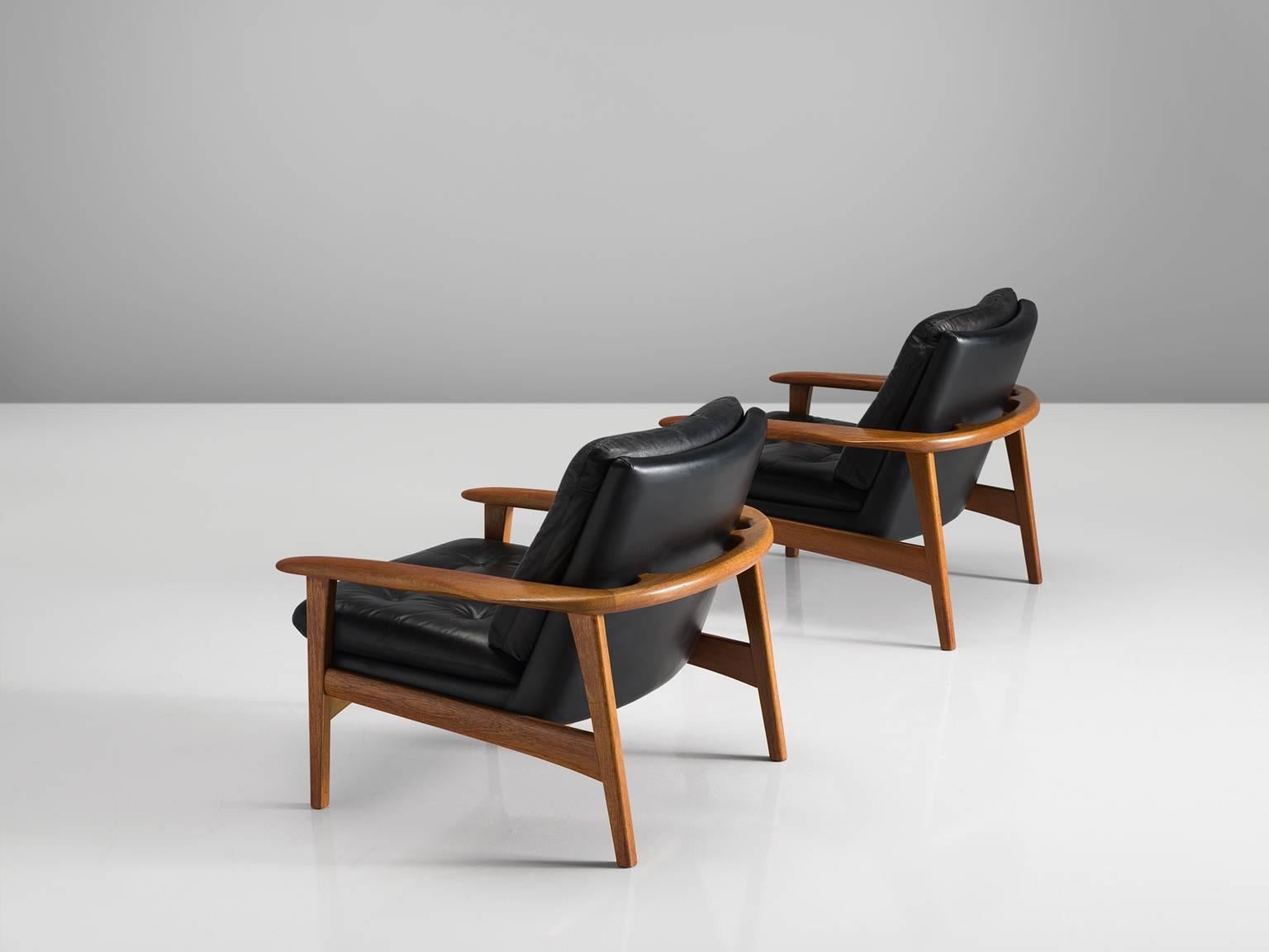 Scandinavian Modern Danish Pair of Original Black Leather Teak Lounge Chairs