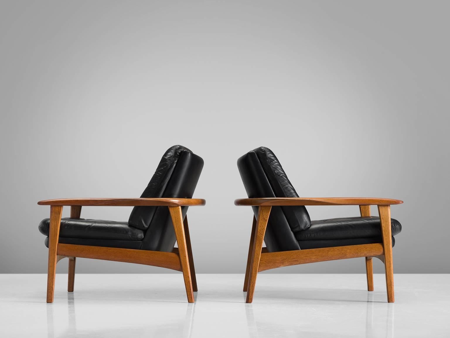 Danish Pair of Original Black Leather Teak Lounge Chairs 1