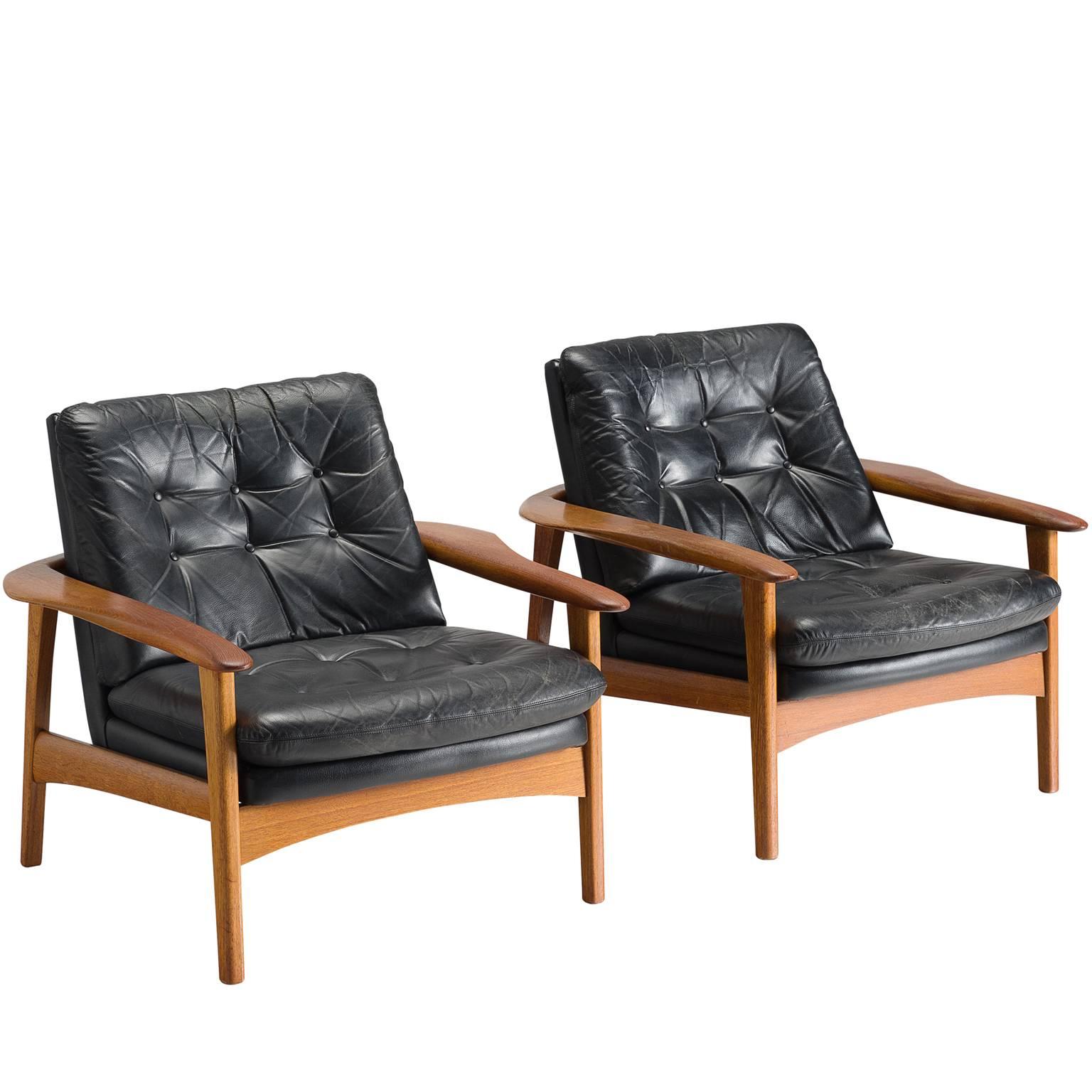 Danish Pair of Original Black Leather Teak Lounge Chairs