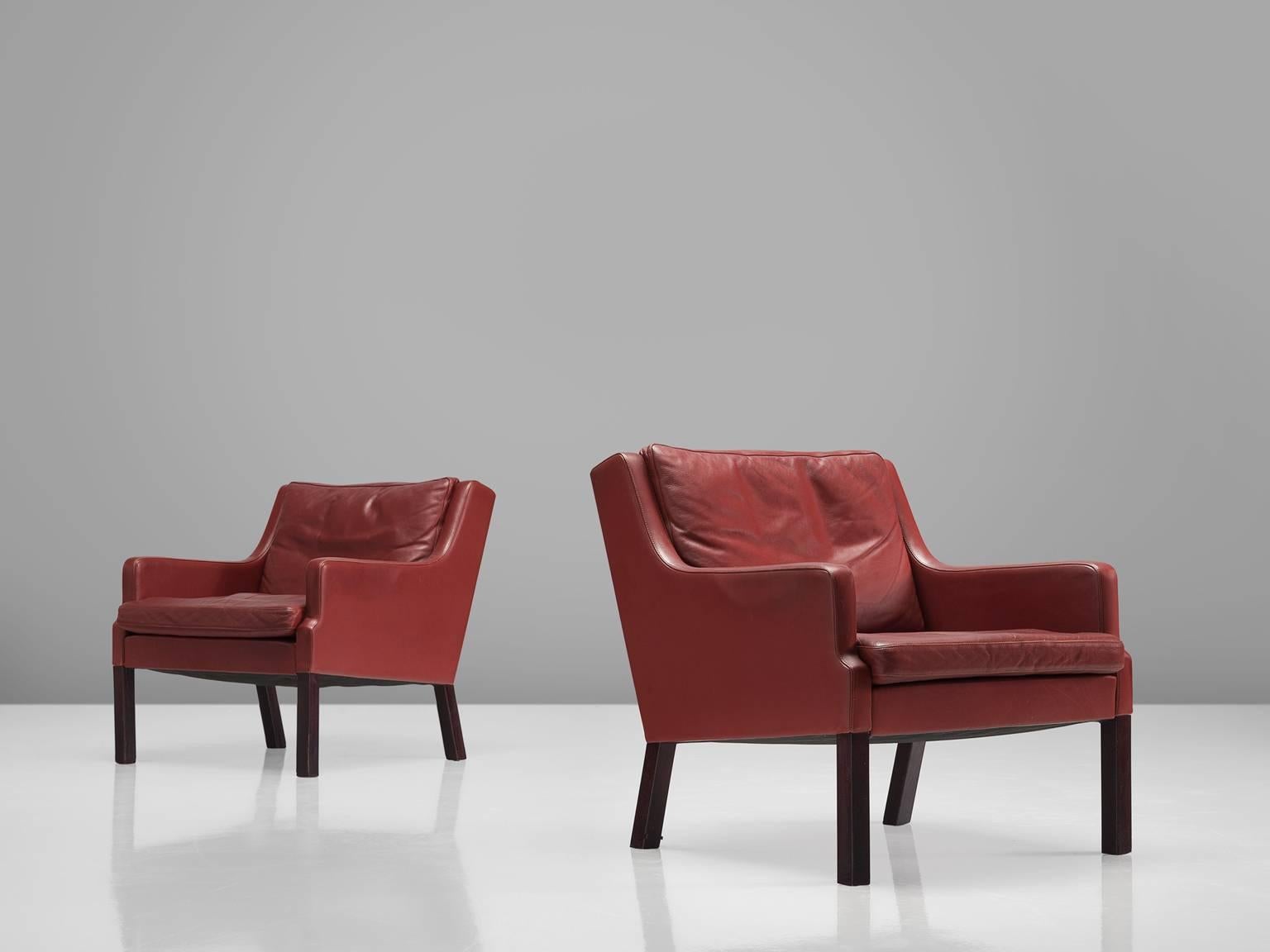 Scandinavian Modern Danish Set of Armchairs with Original Red Leather