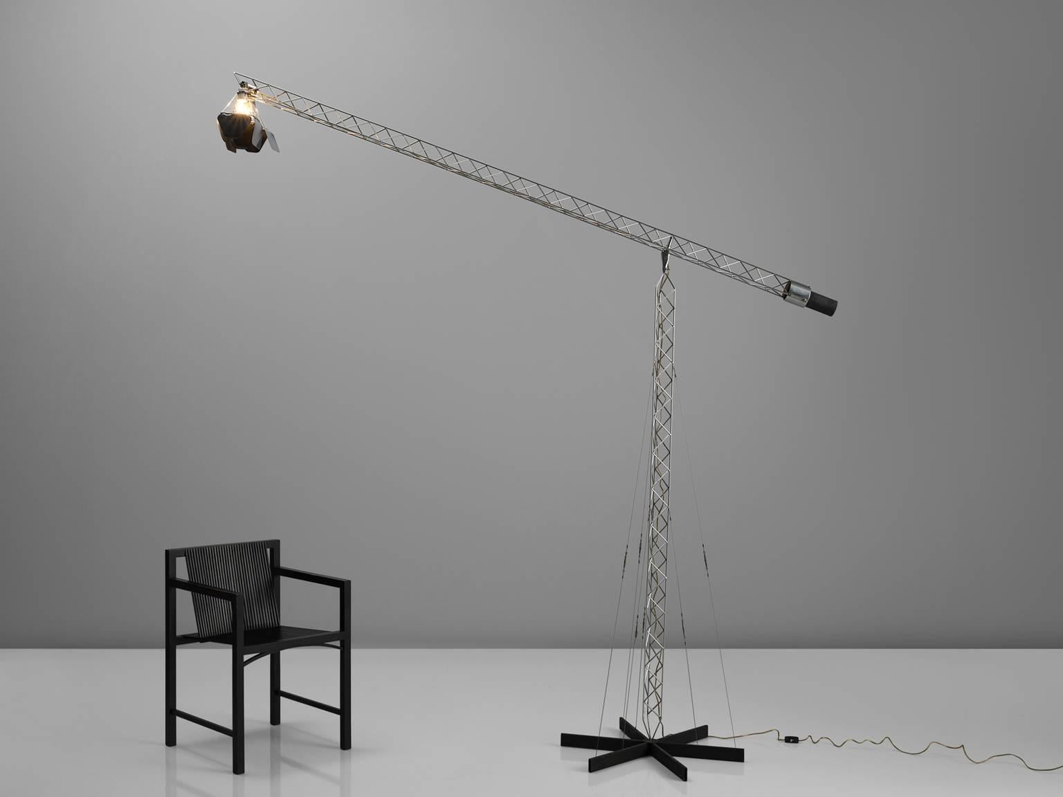 Curtis Jeré, floor lamp 'Crane, chrome-plated and enameled steel, United States, circa 1970.

This piece, as all the other by Curtis Jeré was hand finished and got extensive surface treatments. The piece is abstract and can function as a