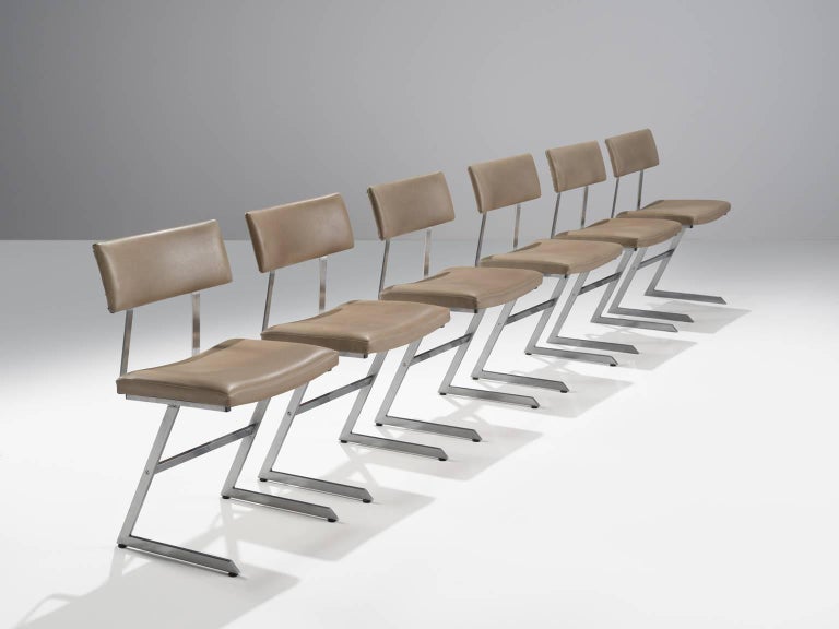 Set Of Six Zig Zag Steel And Taupe Leatherette Chairs
