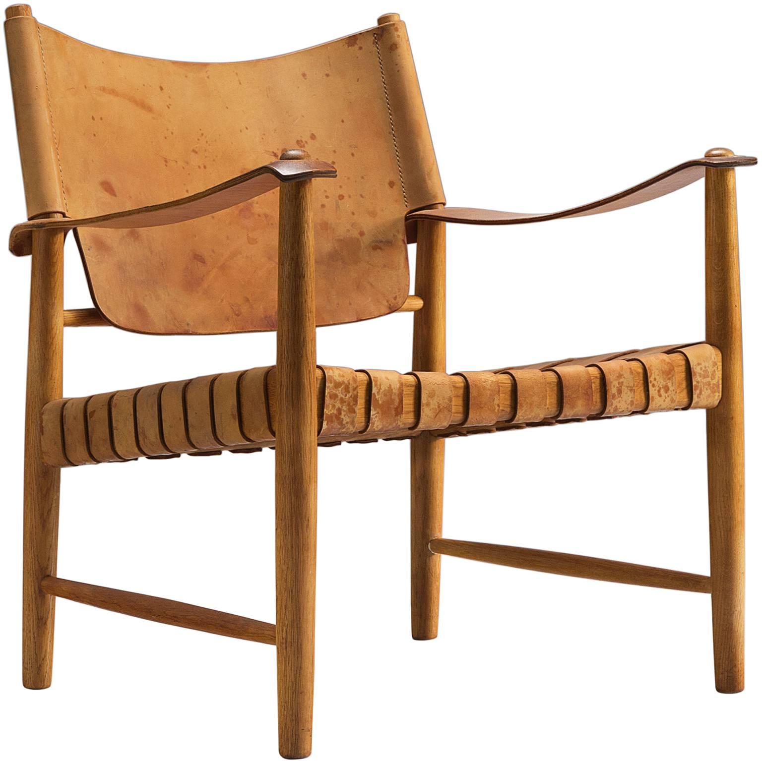 Danish Cognac Leather and Oak Safari Chair, 1950s