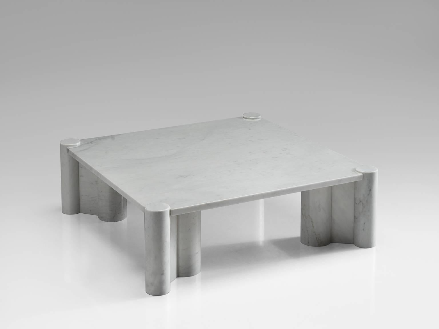 Coffee-table 'Jumbo', in Carrara Marble, designed by Gae Aulenti for Knoll International, United States, 1965. 

Sculptural marble coffee table by Italian architect and designer Gea Aulenti. Square tabletop with four cylindrical cluster legs. This