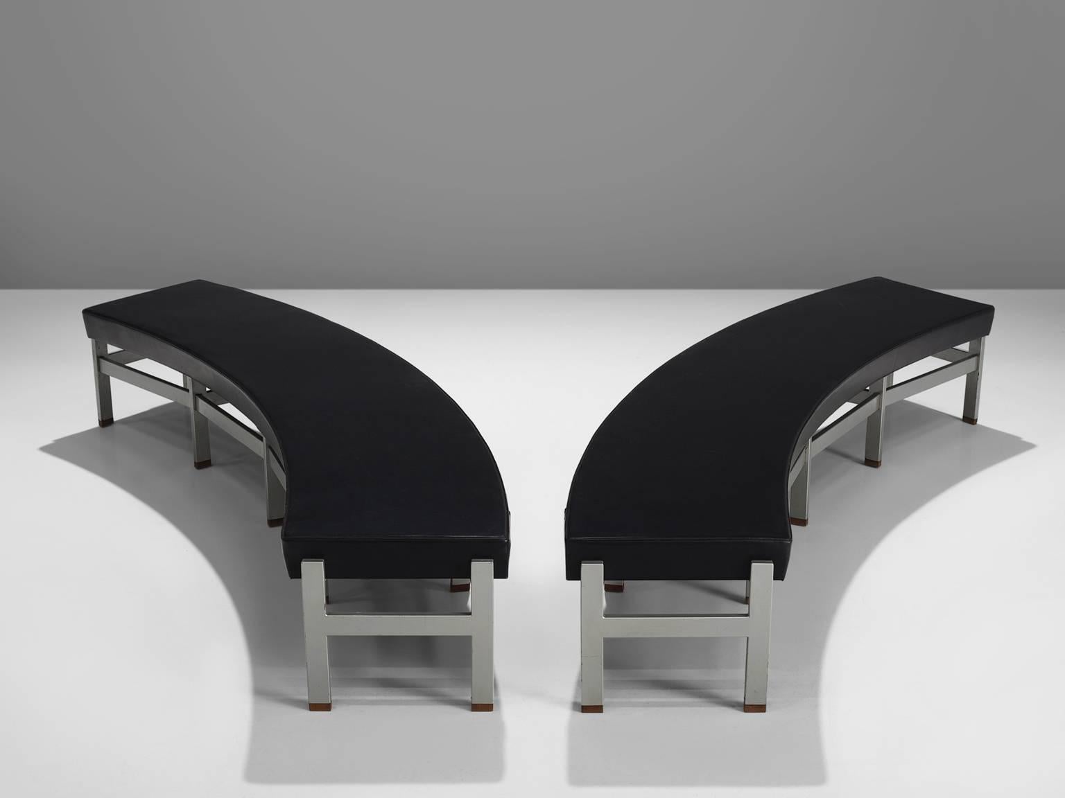 European Set of Three Curved Black Leatherette Benches