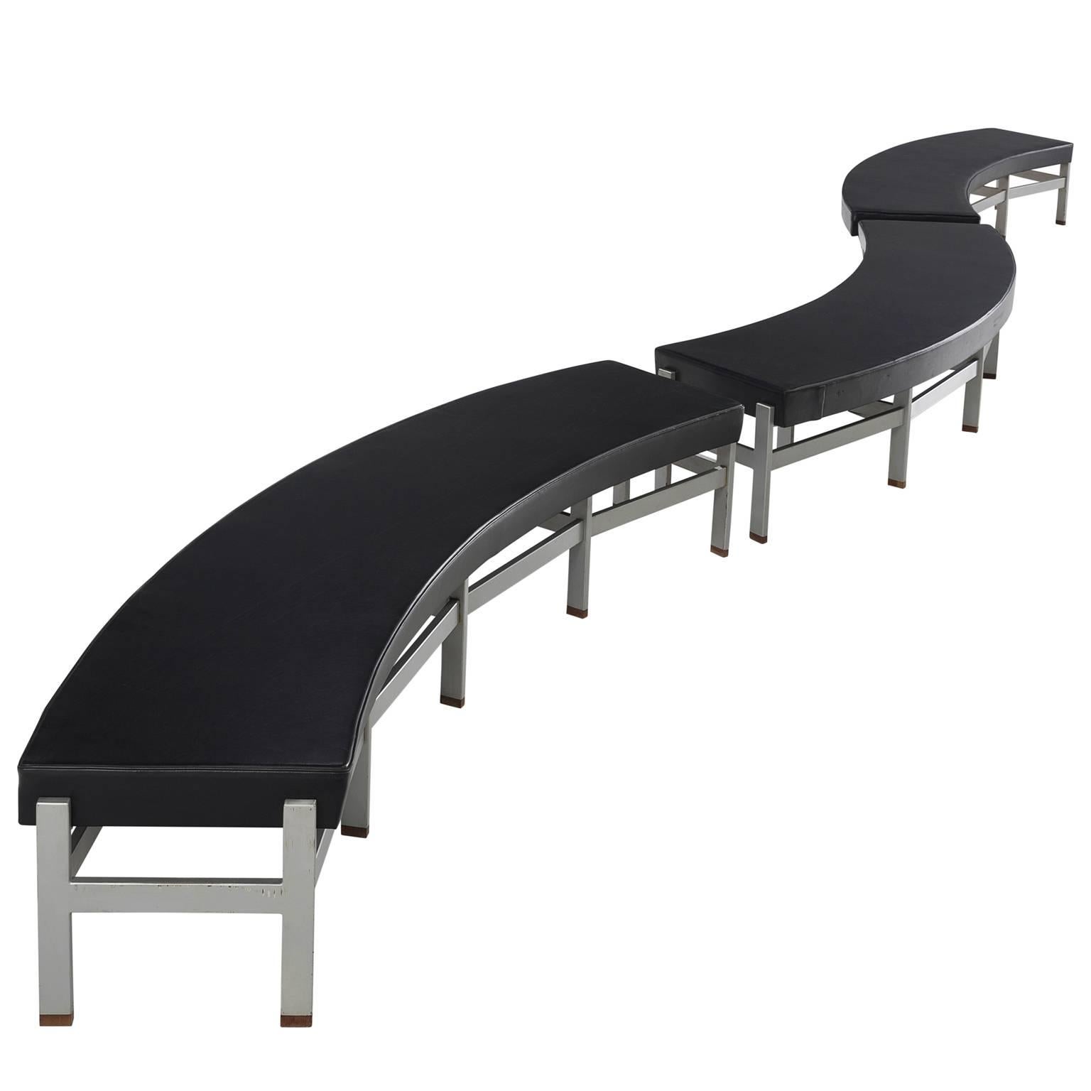 Set of Three Curved Black Leatherette Benches