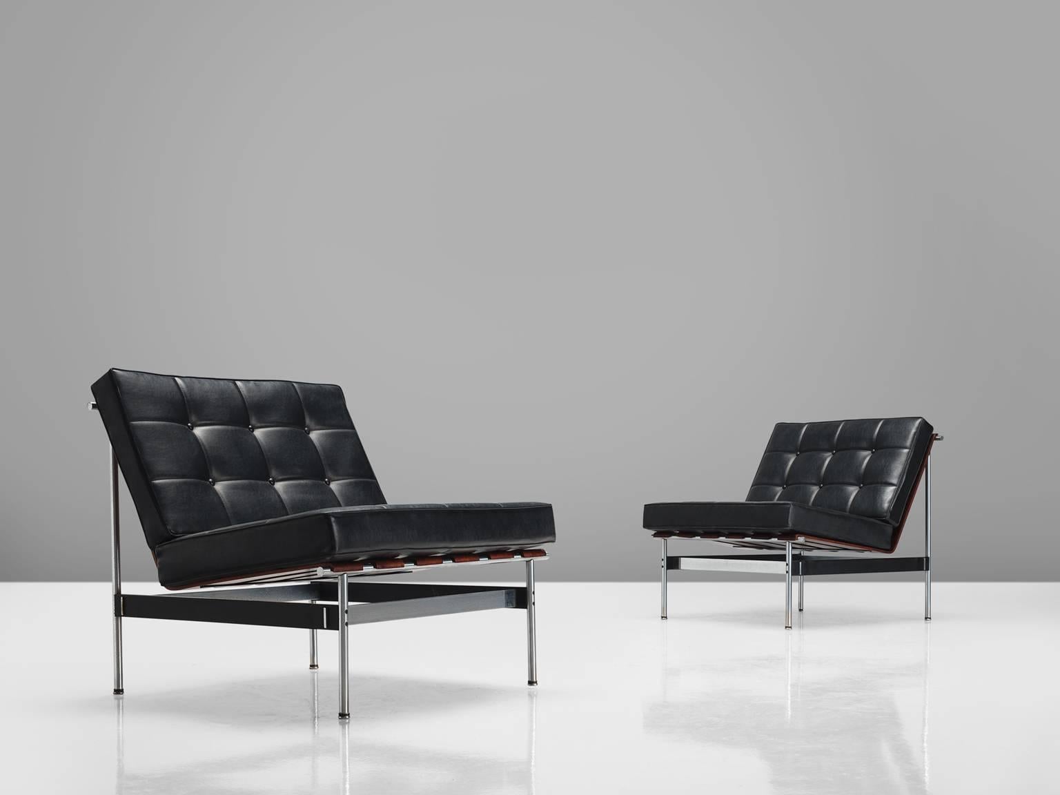 Mid-Century Modern Kho Liang Le Easy Chairs in Rosewood and Black Leatherette
