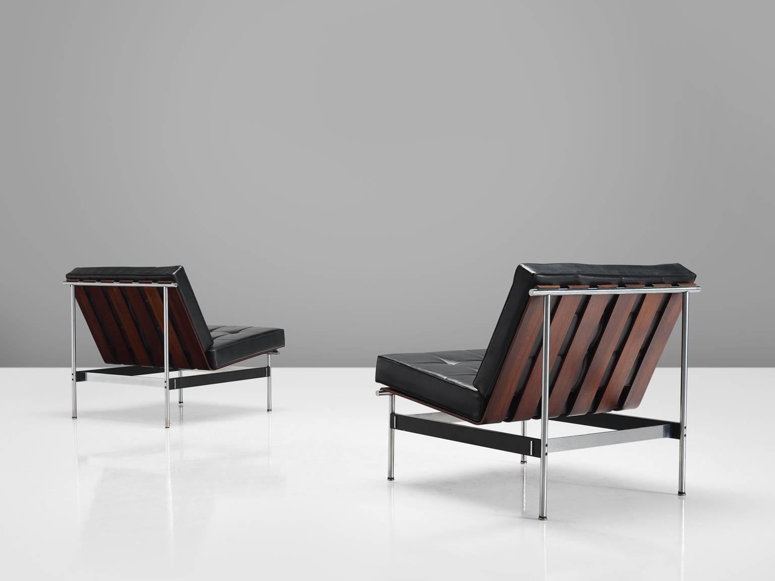 Dutch Kho Liang Le Easy Chairs in Rosewood and Black Leatherette