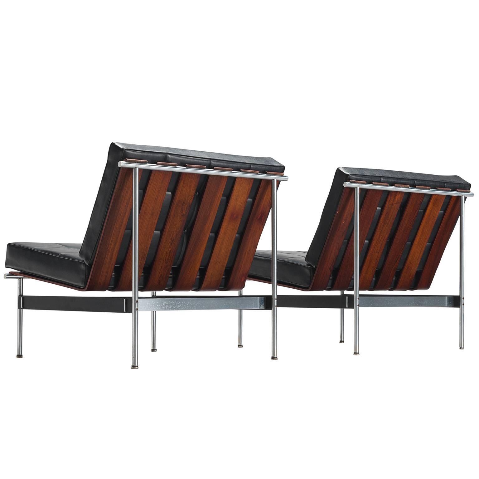 Kho Liang Le Easy Chairs in Rosewood and Black Leatherette