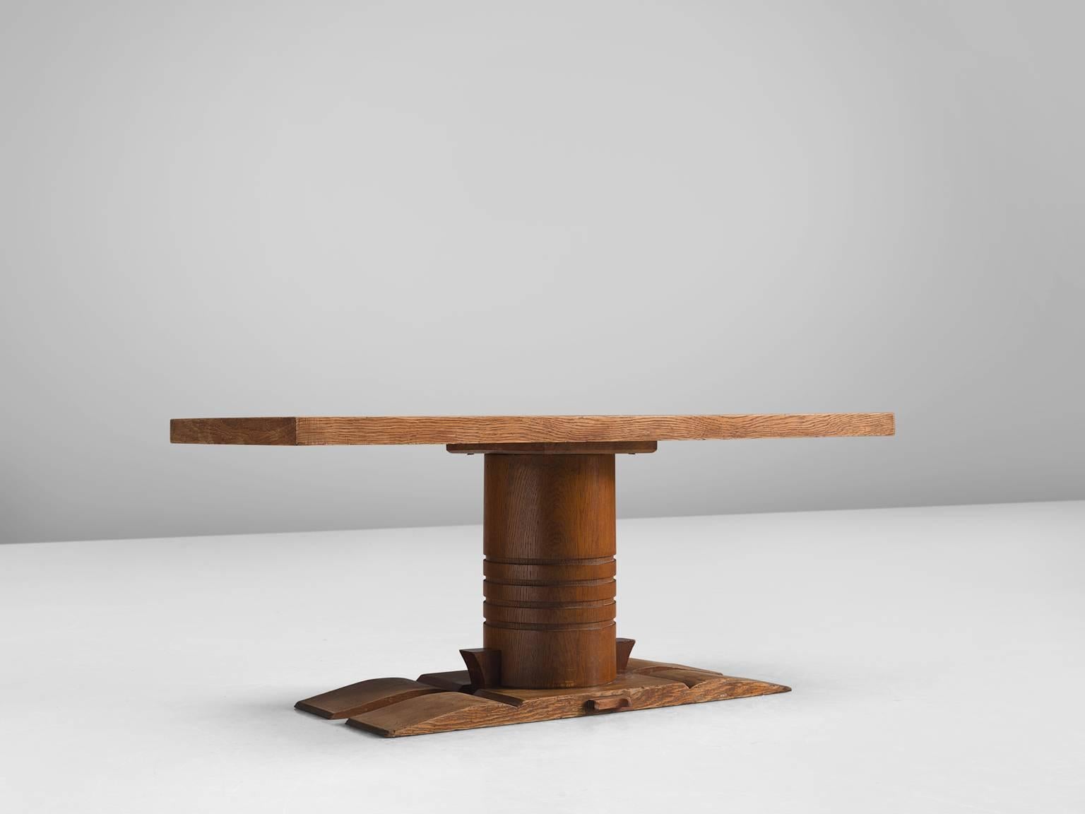 French Art Deco Dudouyt Pedestal Side Table in Oak, 1940s