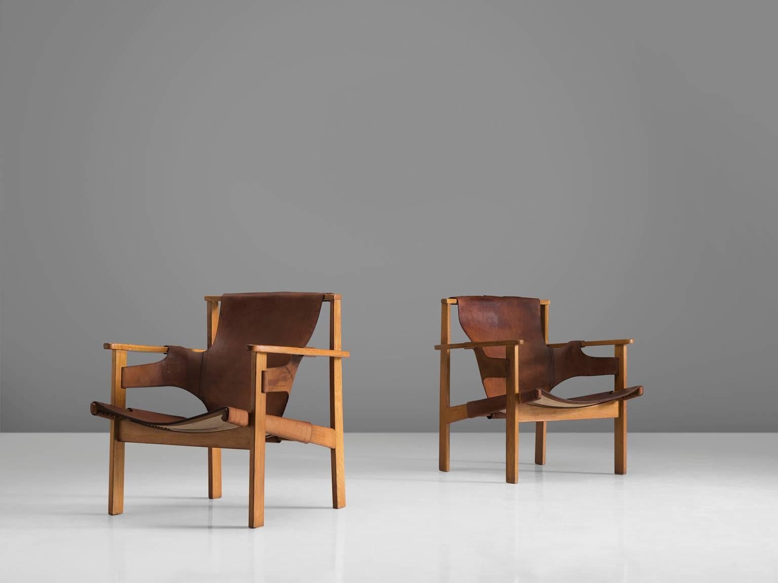 Scandinavian Modern Carl Axel Acking Pair of 'Trienna' Chairs in Patinated Brown Leather