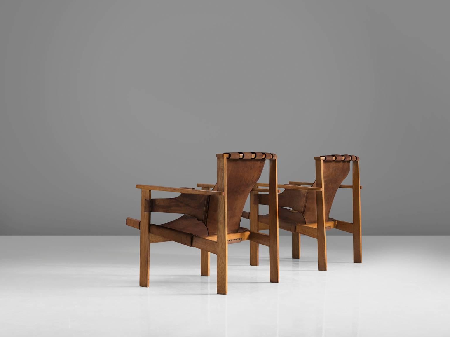 Swedish Carl Axel Acking Pair of 'Trienna' Chairs in Patinated Brown Leather