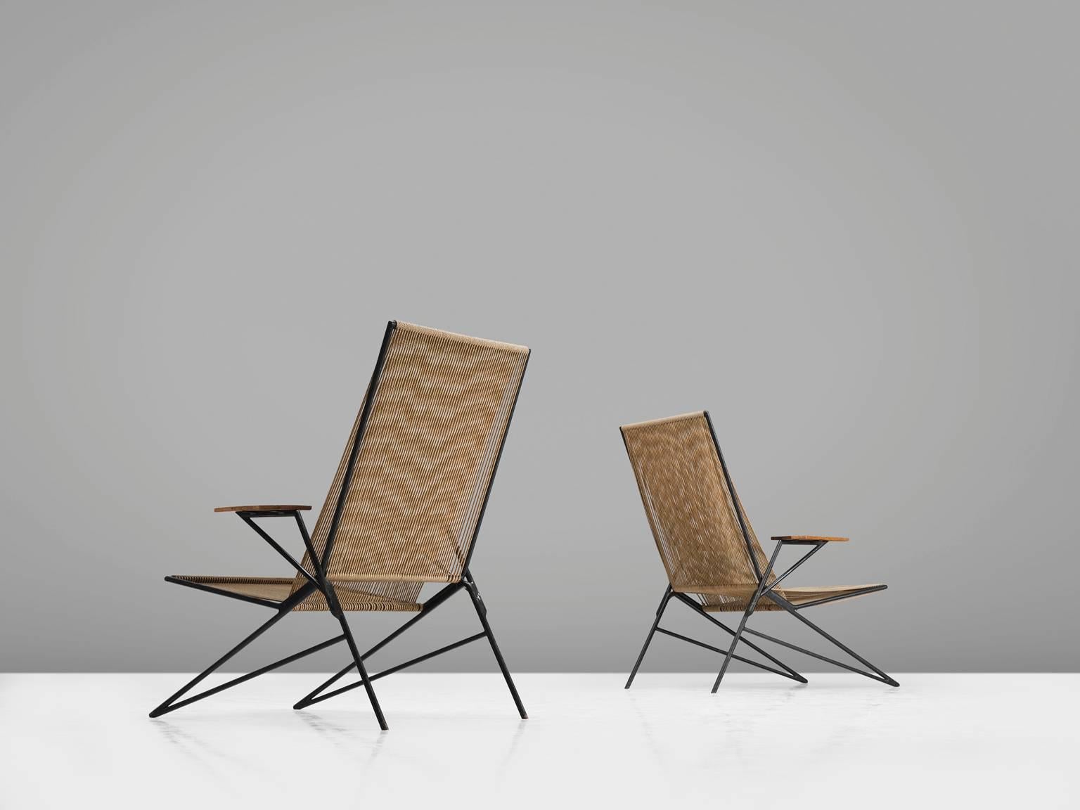 Mid-Century Modern Highback Stringed Chairs with High Back and Armrests