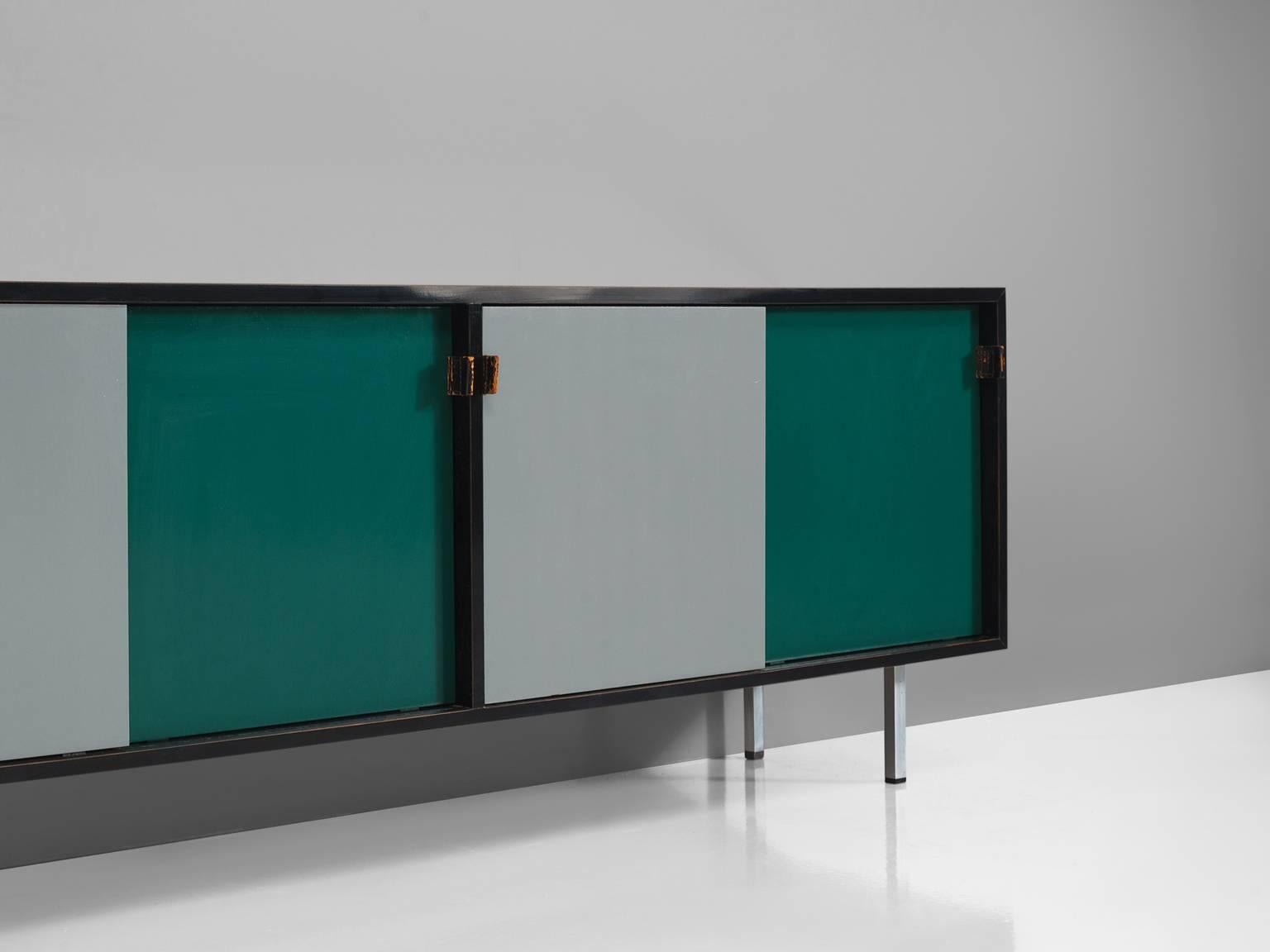 French Florence Knoll Credenza in in Grey and Green with Leather Handles