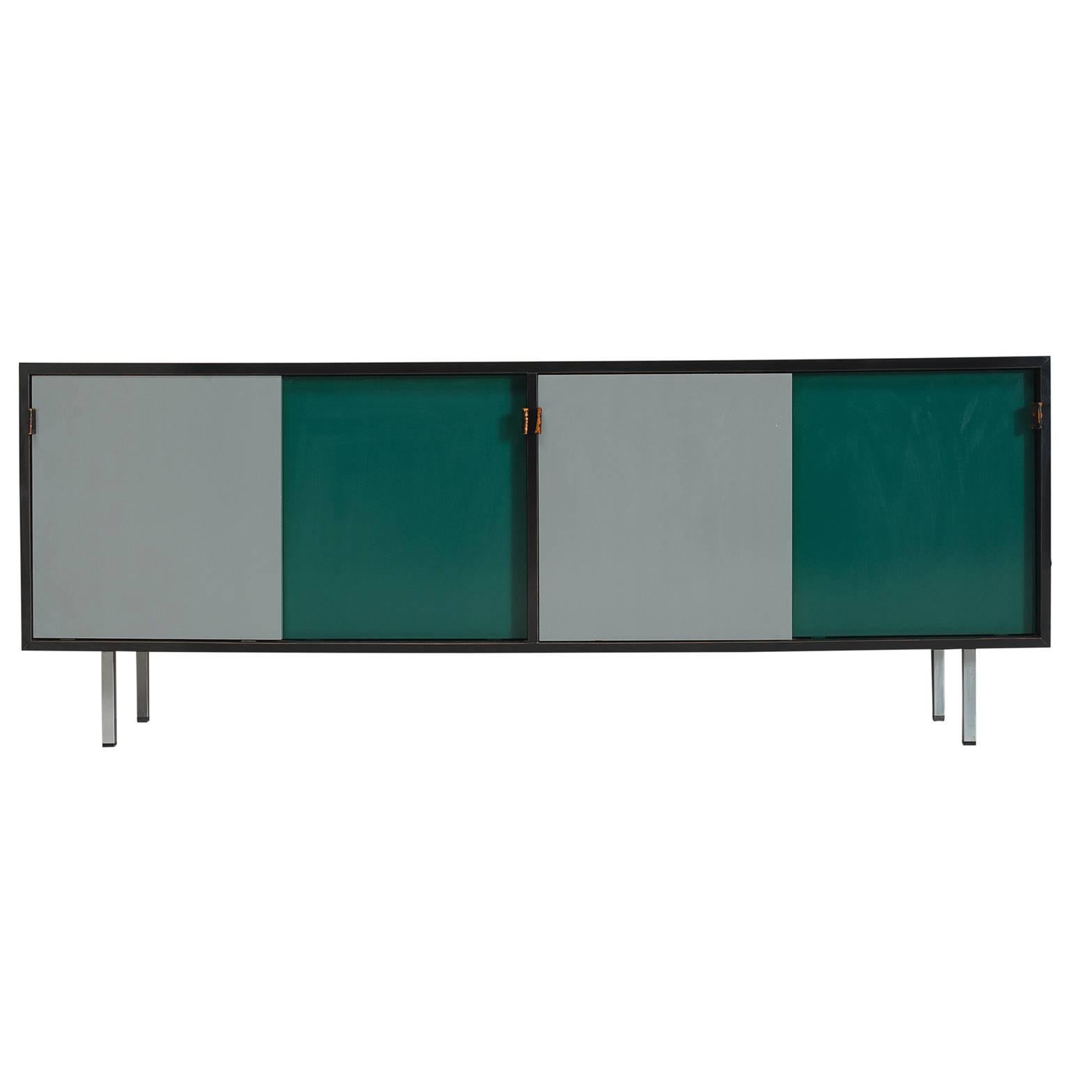 Florence Knoll Credenza in in Grey and Green with Leather Handles