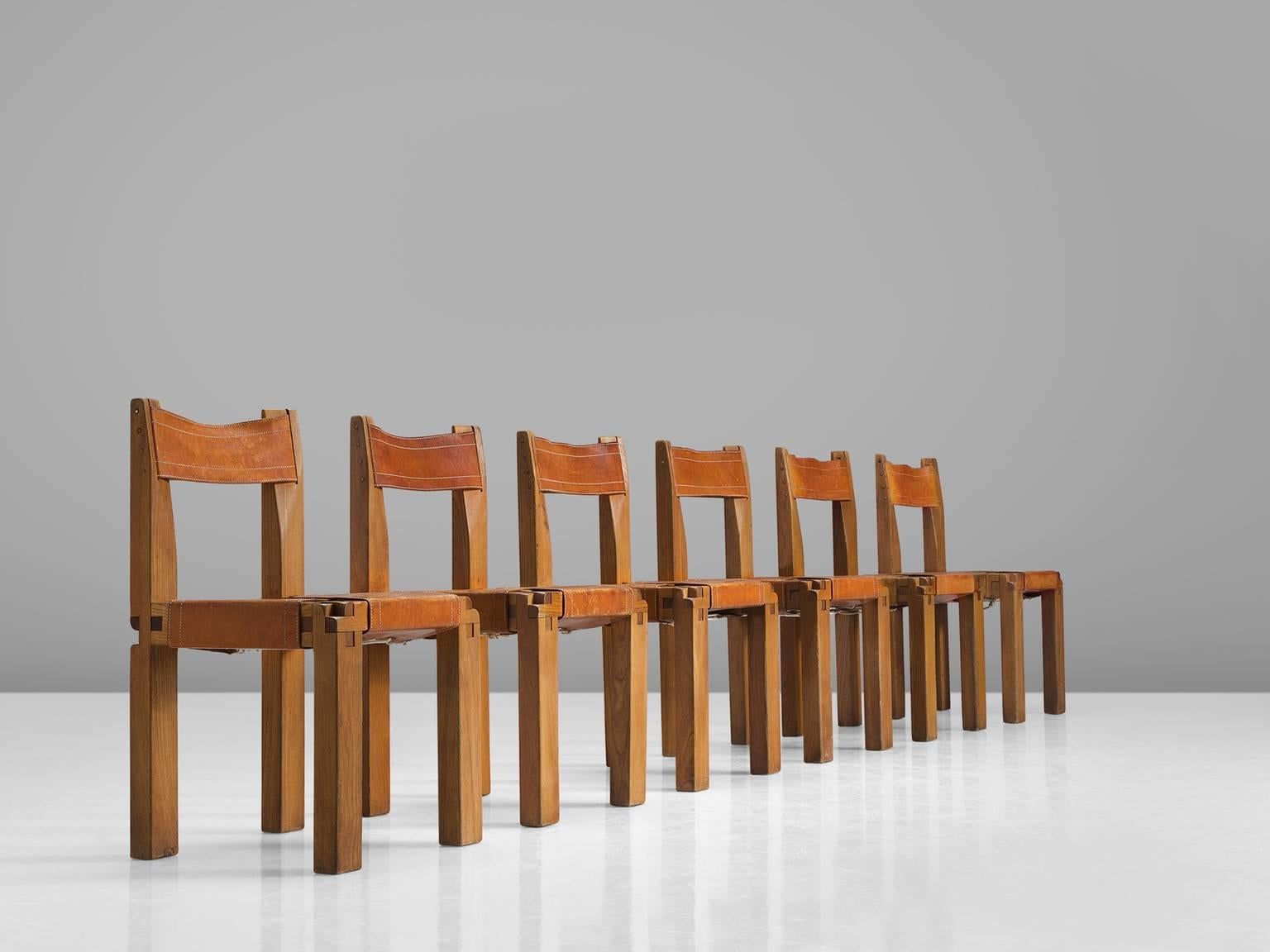 Mid-Century Modern Pierre Chapo Set of Six Dining Chairs in Solid Elm and Cognac Leather
