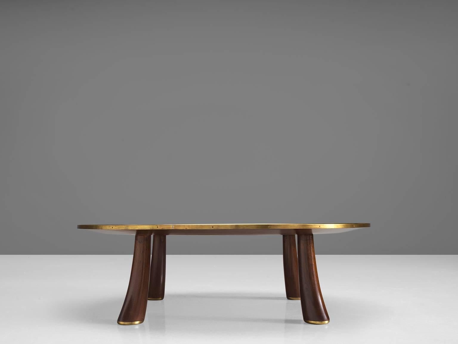 American Dunbar Oval Rosewood and Brass Brimmed Coffee Table