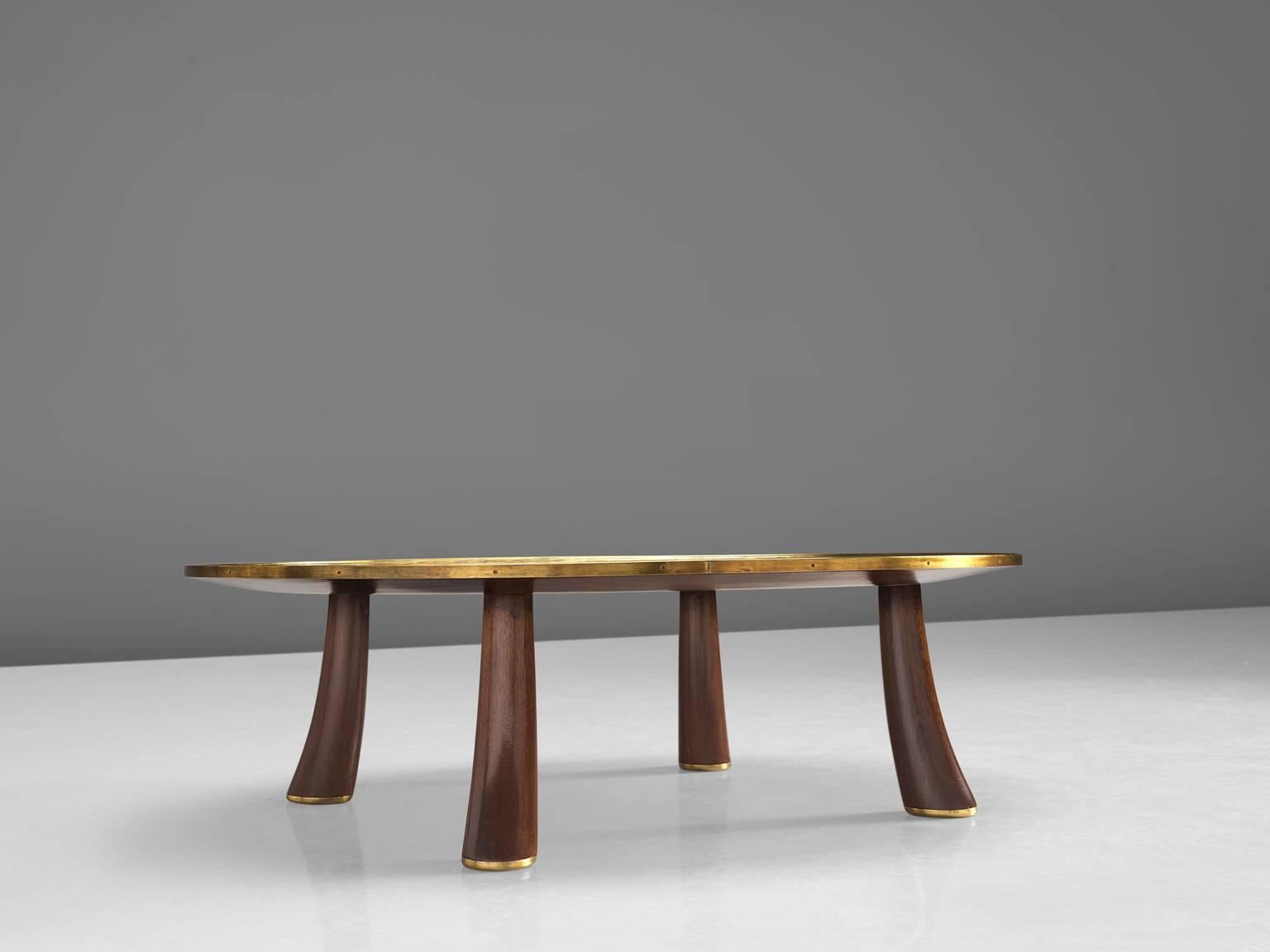 Mid-Century Modern Dunbar Oval Rosewood and Brass Brimmed Coffee Table