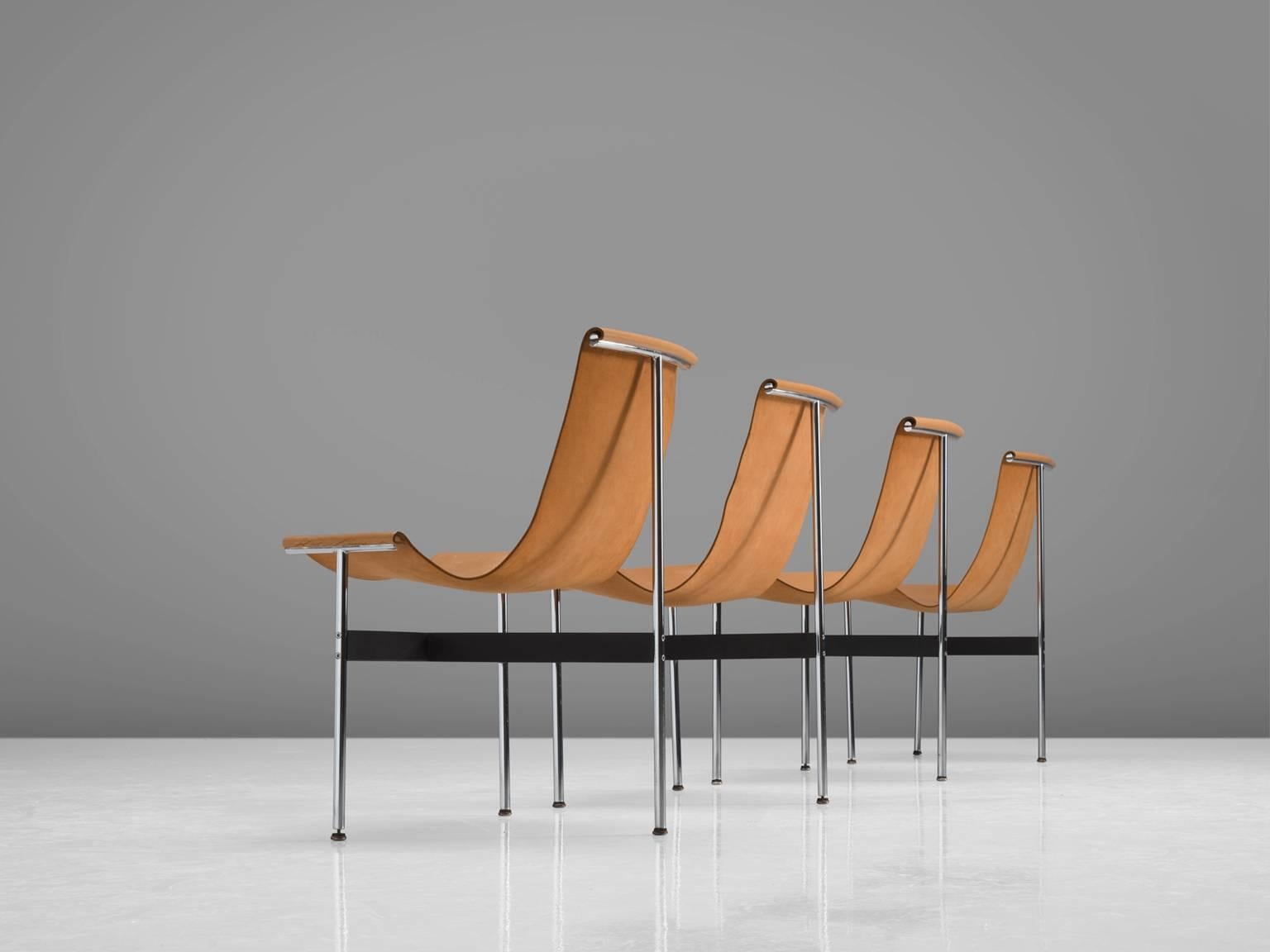 Katavolos, Kelley and Littell, chair, chrome-plated steel, enameled steel and cognac leather, United States, 1952.

This set of elegant and playful three-legged chairs seems almost too delicate to sit in. But in fact these sensuous chairs are very