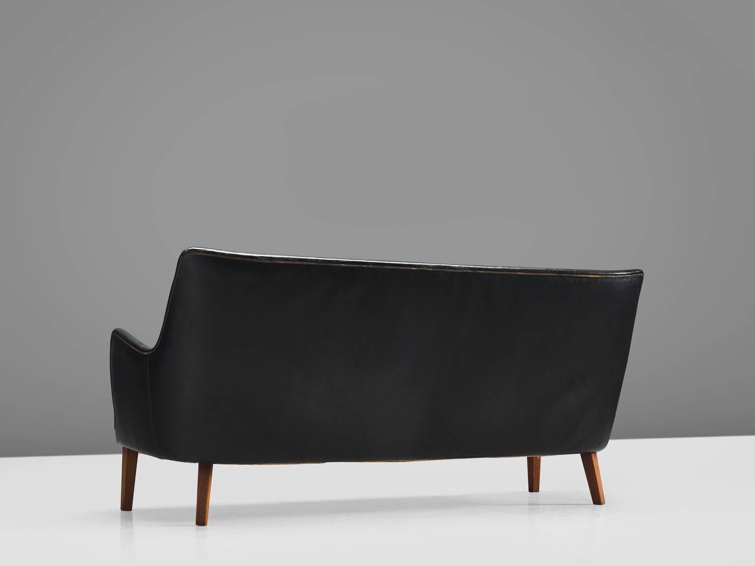 Danish Arne Vodder Black Leather Sofa, 1950s