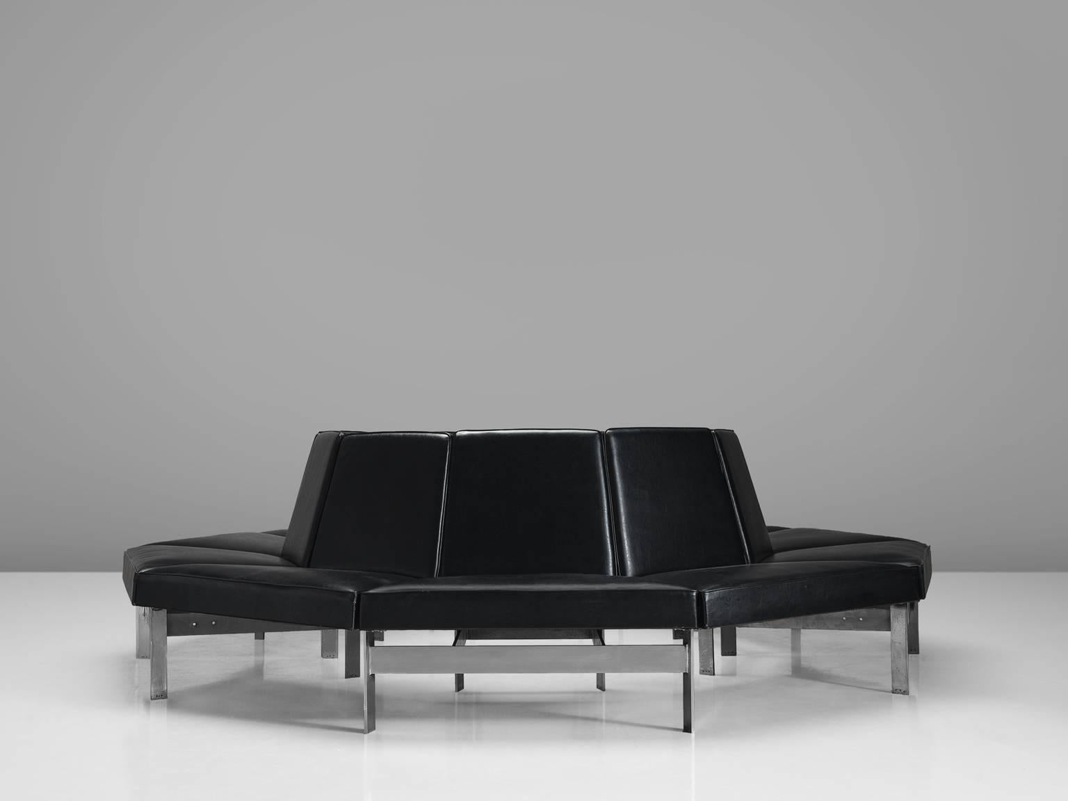 European Circular Black Leatherette and Steel Sofa