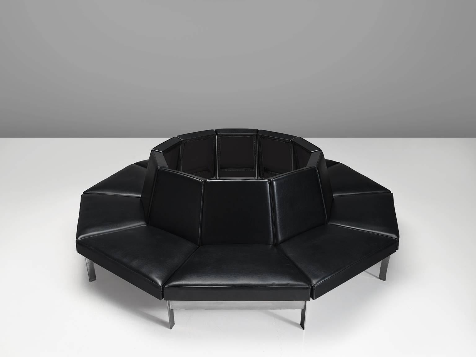 Mid-Century Modern Circular Black Leatherette and Steel Sofa
