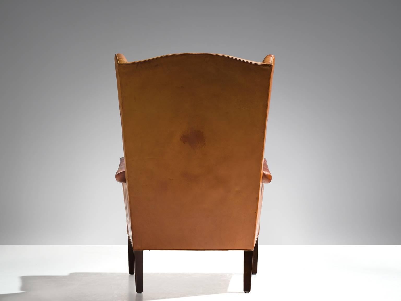 Danish Frits Henningsen Cognac Wingback Easy Chair