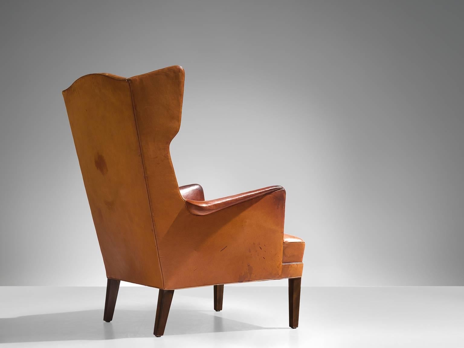 Scandinavian Modern Frits Henningsen Cognac Wingback Easy Chair