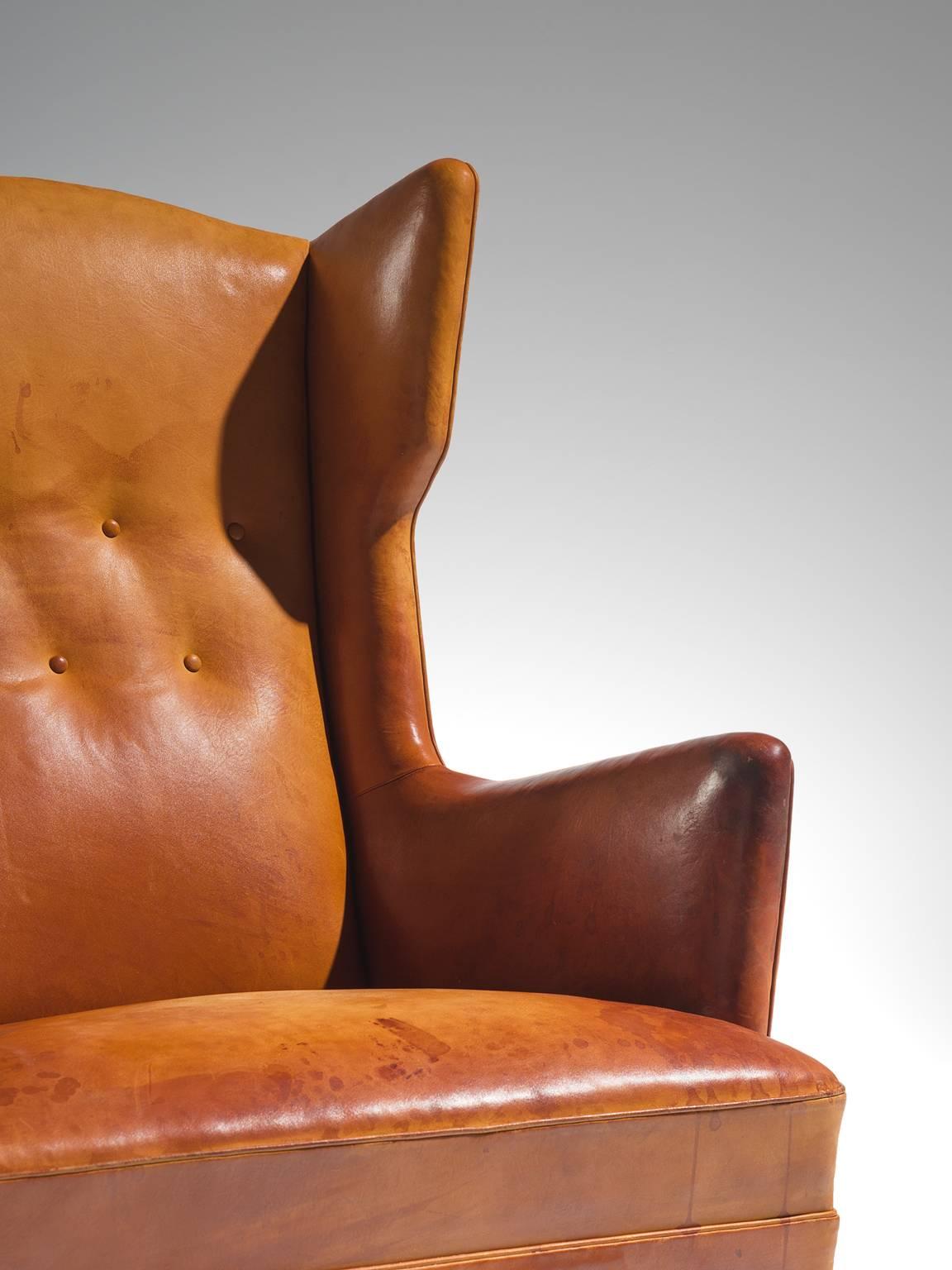 Frits Henningsen Cognac Wingback Easy Chair In Good Condition In Waalwijk, NL