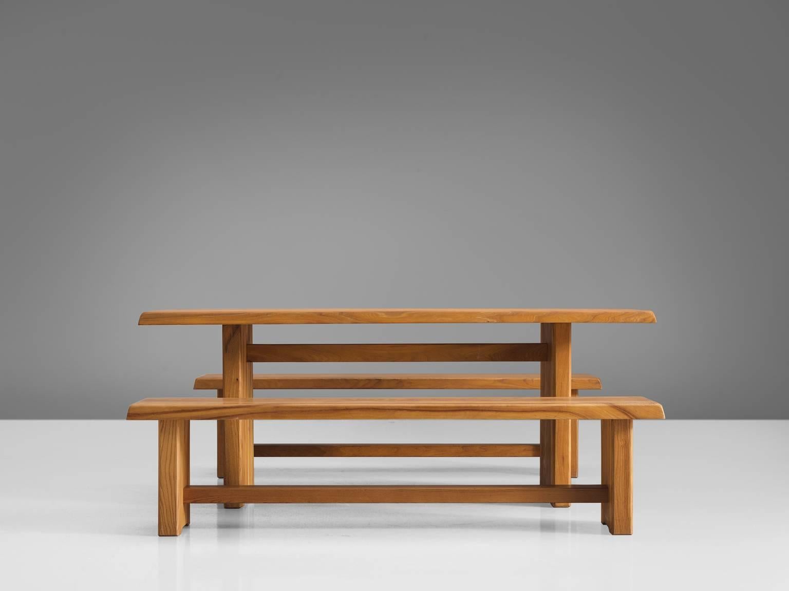 French Pierre Chapo Elm Table with Benches