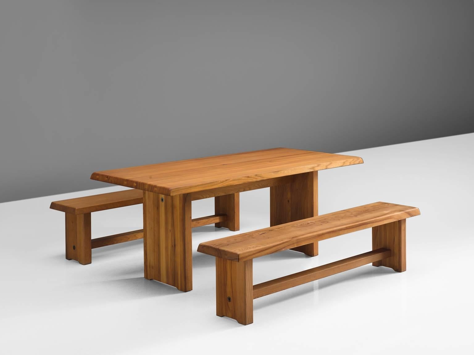 Pierre Chapo, dining table model T14D and benches model S14D, solid elmwood, by France, 1960s. 

This 183 cm dining table and two benches are designed by French designer Pierre Chapo. The rectangular tabletop with sloping edges, rests on a