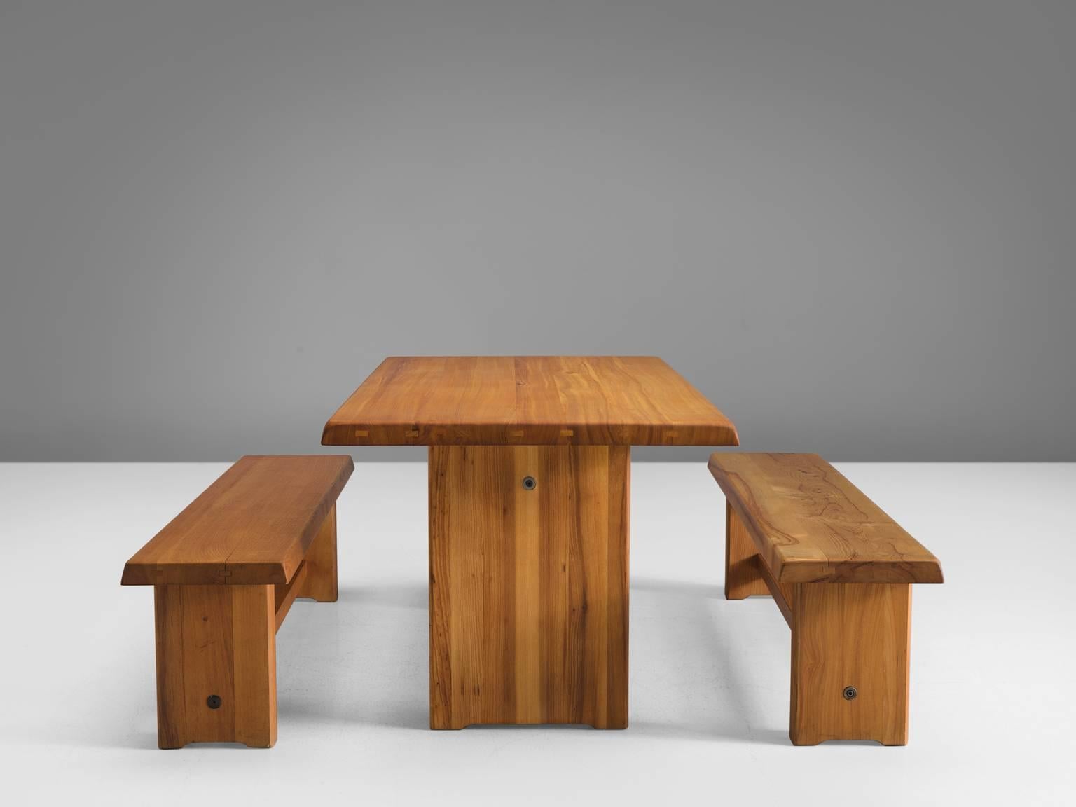 Pierre Chapo Elm Table with Benches In Good Condition In Waalwijk, NL