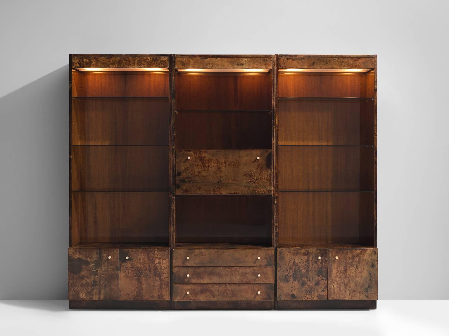 Cabinet, wood lacquered goatskin, Italy, 1940s

This Italian chest is highly elegant and refined and is part of the midcentury design collection by Morentz. The panels, handles, and patterned doors are all exquisitely produced. There are closed