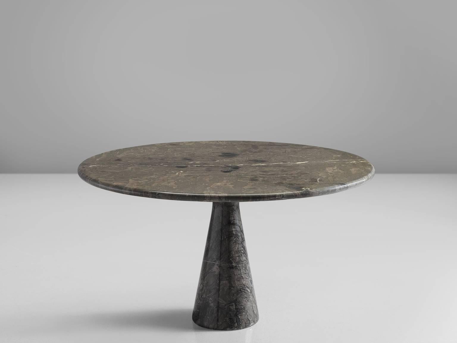 Angelo Mangiarotti for Skipper, table M1, marble, Italy, 1969

This table is part of the midcentury collection by Morentz. The patterned brown to greyish table has a cone shaped base and a circular top. The circular top rests perfectly on the cone.