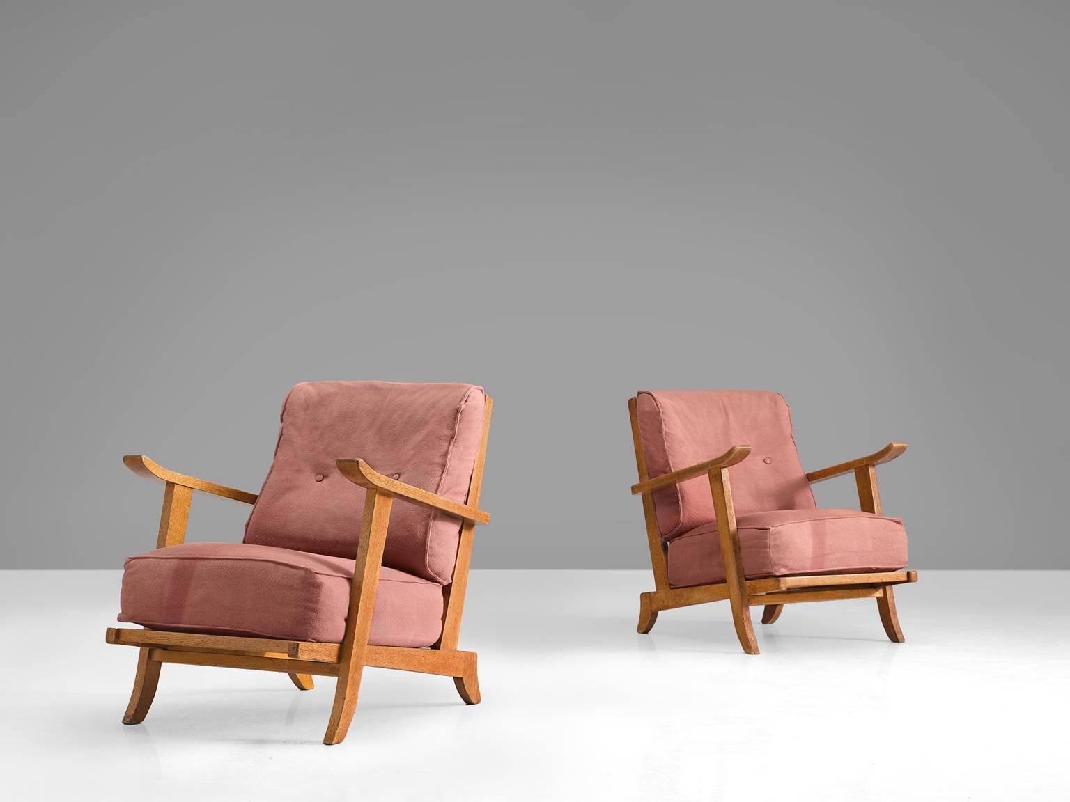 Mid-20th Century French Pair of Solid Oak Lounge Chairs