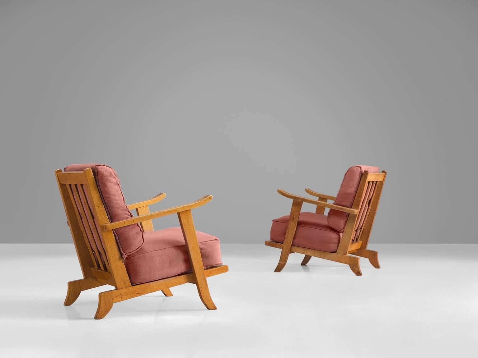French Pair of Solid Oak Lounge Chairs In Good Condition In Waalwijk, NL