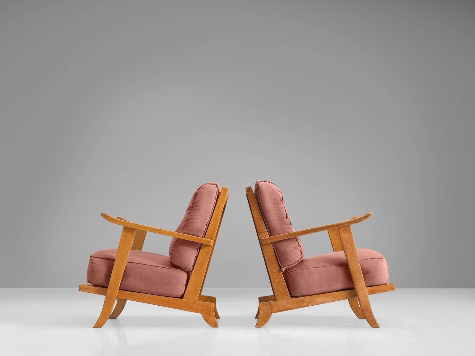 Fabric French Pair of Solid Oak Lounge Chairs