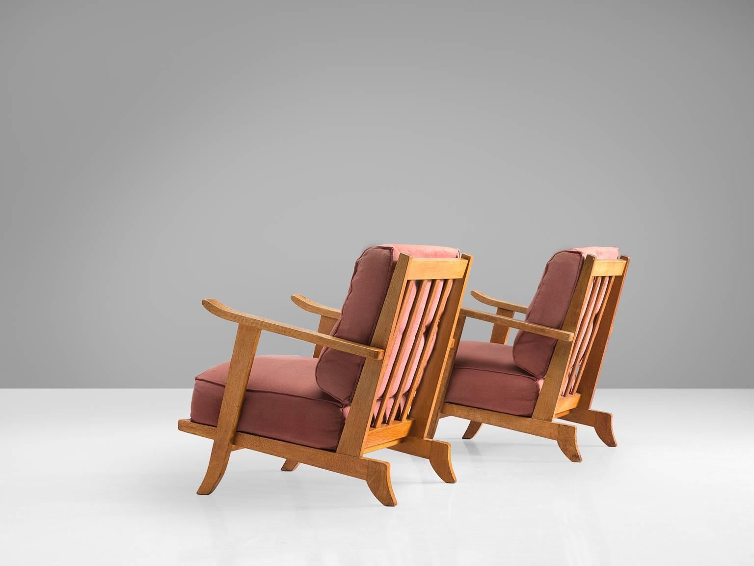 Mid-Century Modern French Pair of Solid Oak Lounge Chairs