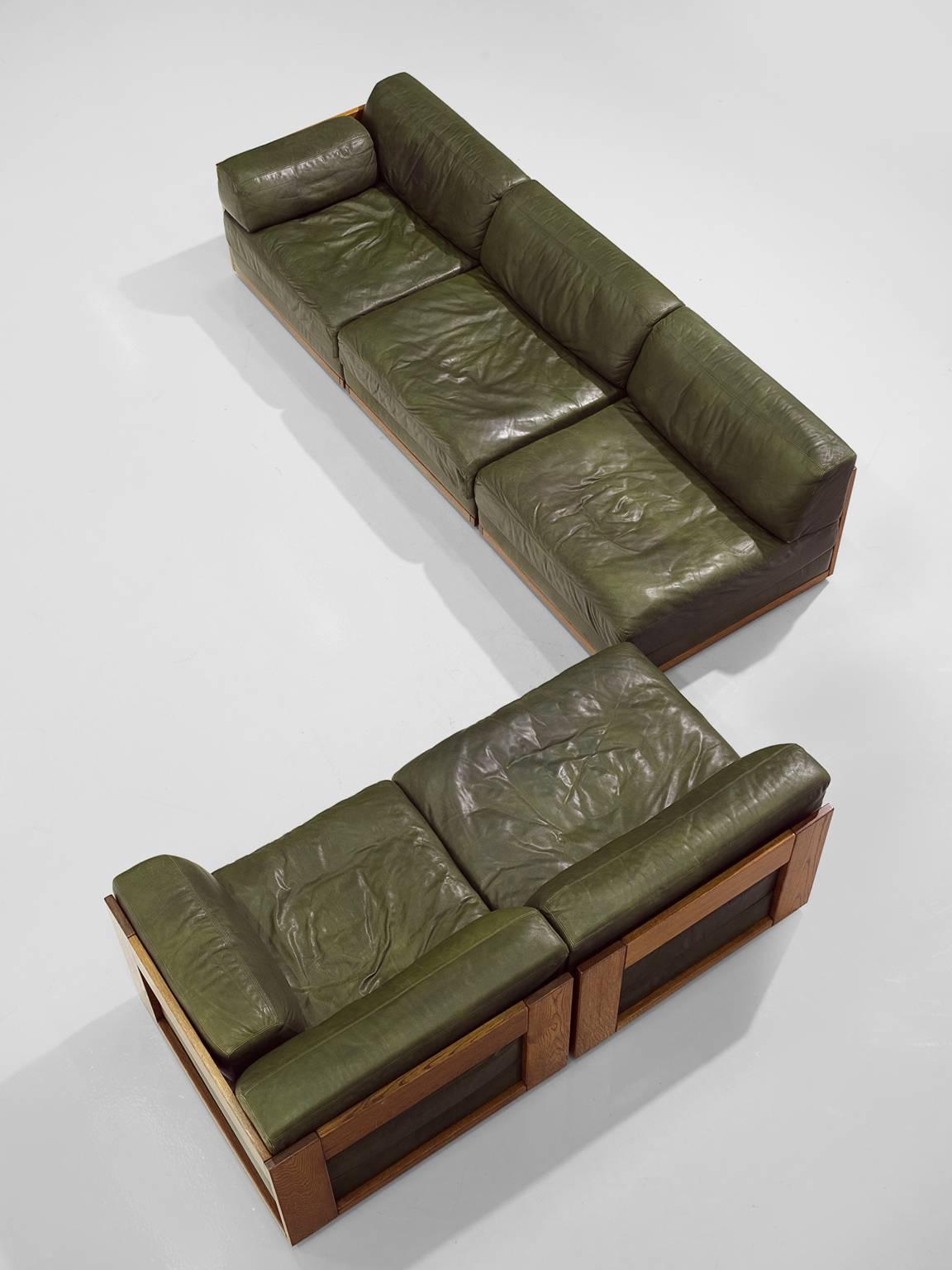 Walnut Large Sectional Deep Green Leather Sofa
