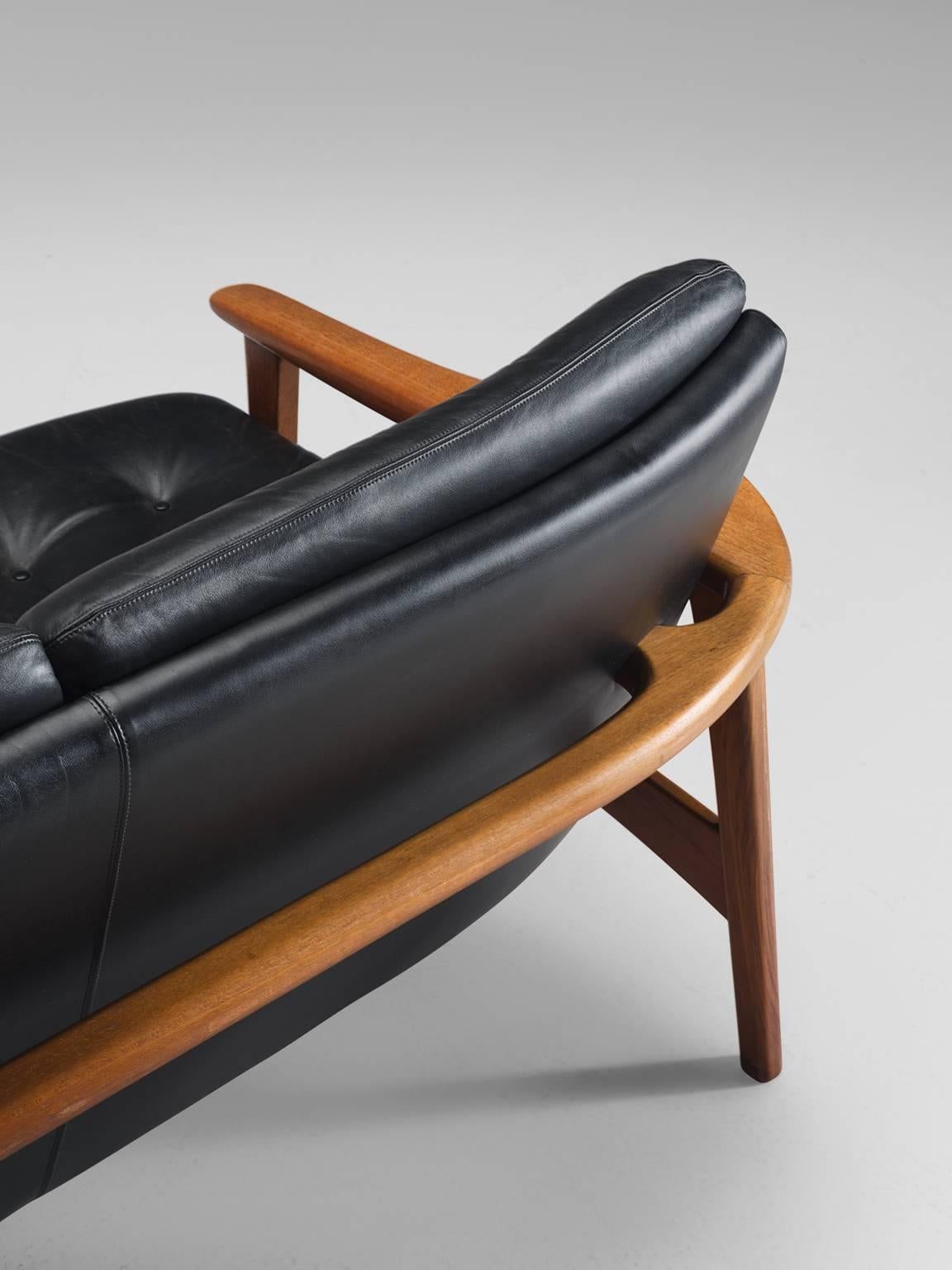 Danish Sofa in Original Black Leather and Teak 1